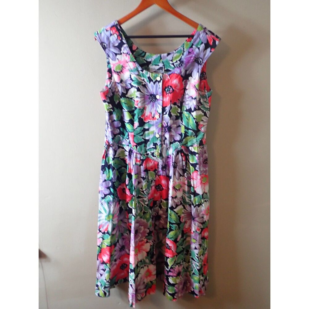 Sunshine Starshine Floral Summer Dress Size 14 Button Front Vintage 80s Sundress
